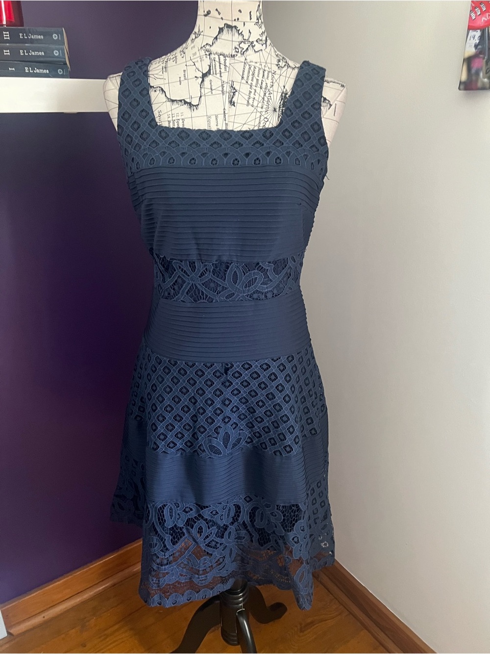 Ryan Michelle Sleeveless Navy Lace-Detail Dress